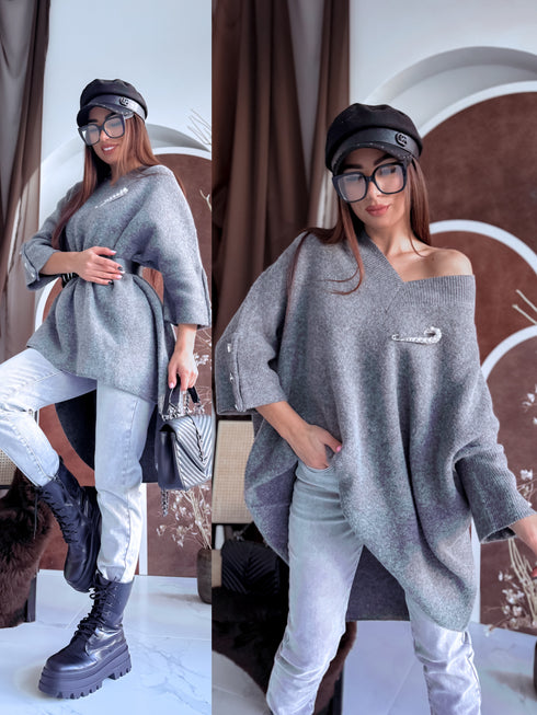 "BOND" pagarināts lielizmēra džemperis 3888L - PELĒKS